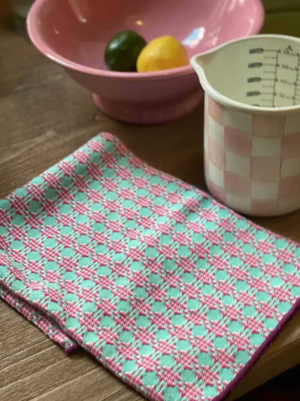 Anthropologie Aqua Pink Woven Geo Kitchen Towel -NEW - Theme: Textile Candy